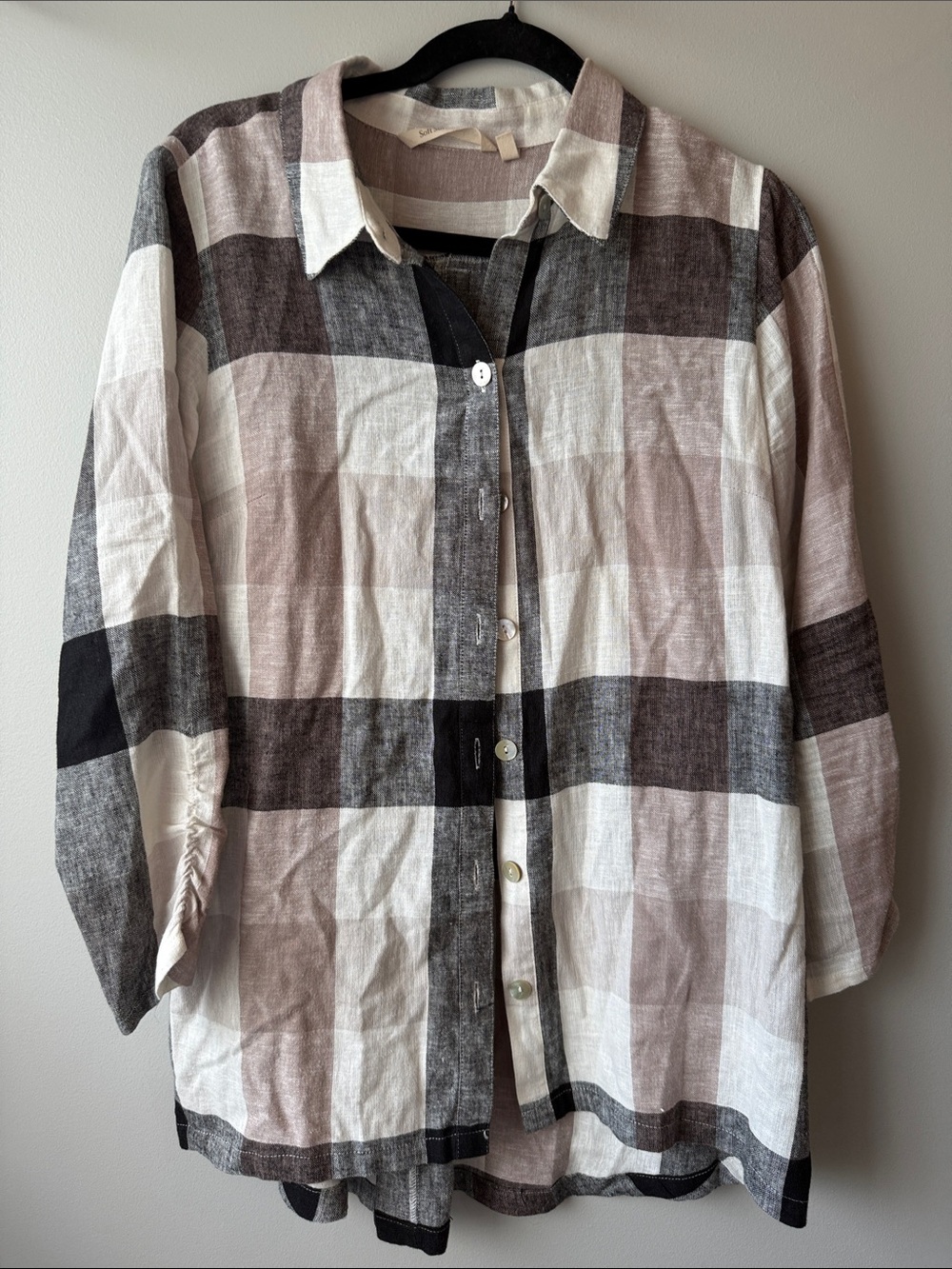 Soft Surroundings Plaid Button-Front tunic linen blend back zipper S small